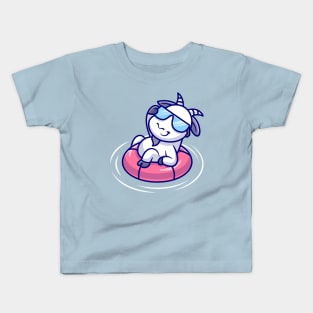 Cute Goat Chill On Swimming Pool With Glasses Cartoon Kids T-Shirt